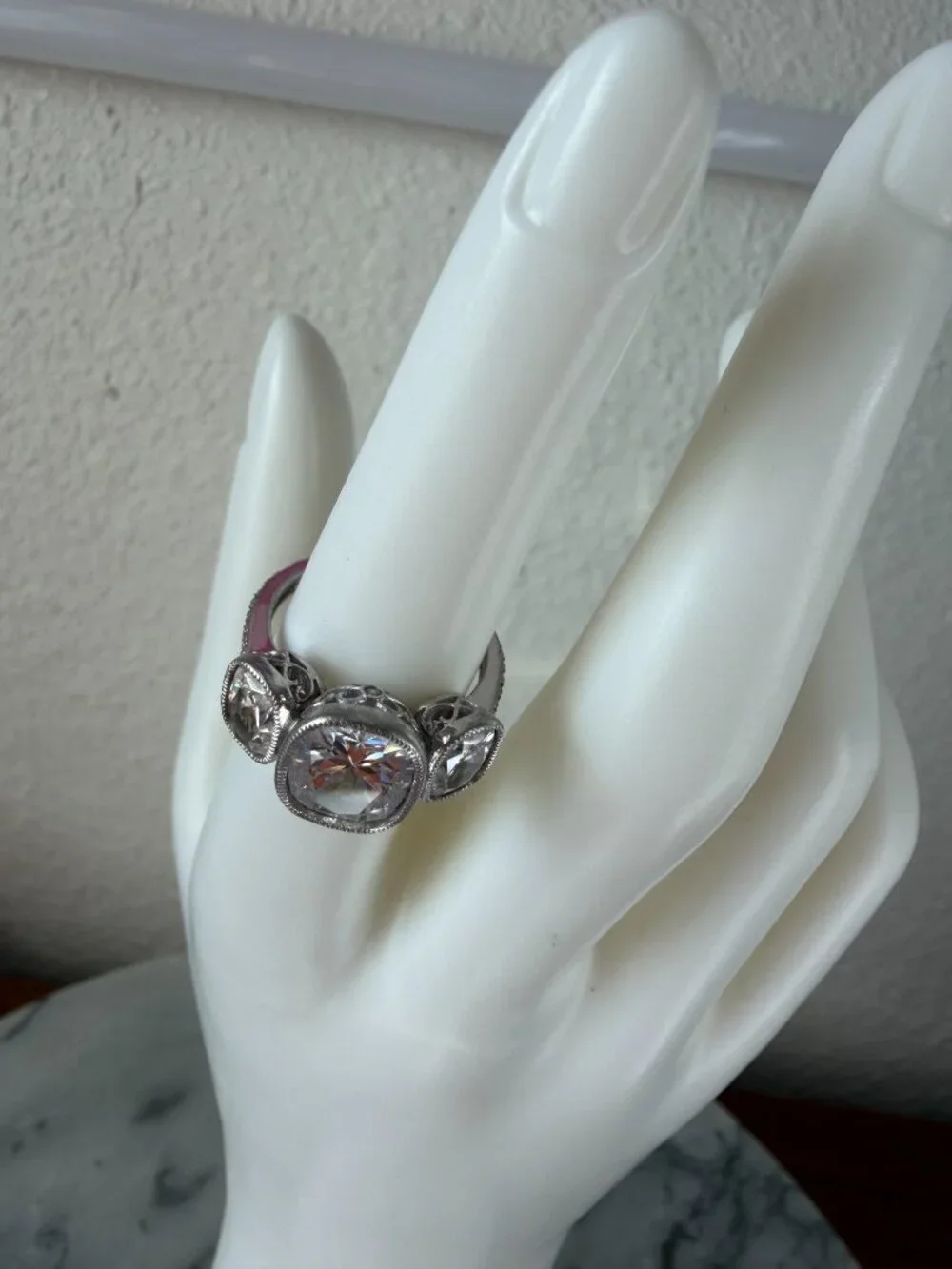 Vintage Jean Dousset Heirloom 925 CZ 3-Stone Mill-grain Cushion Cut Ring - Picture 15 of 17